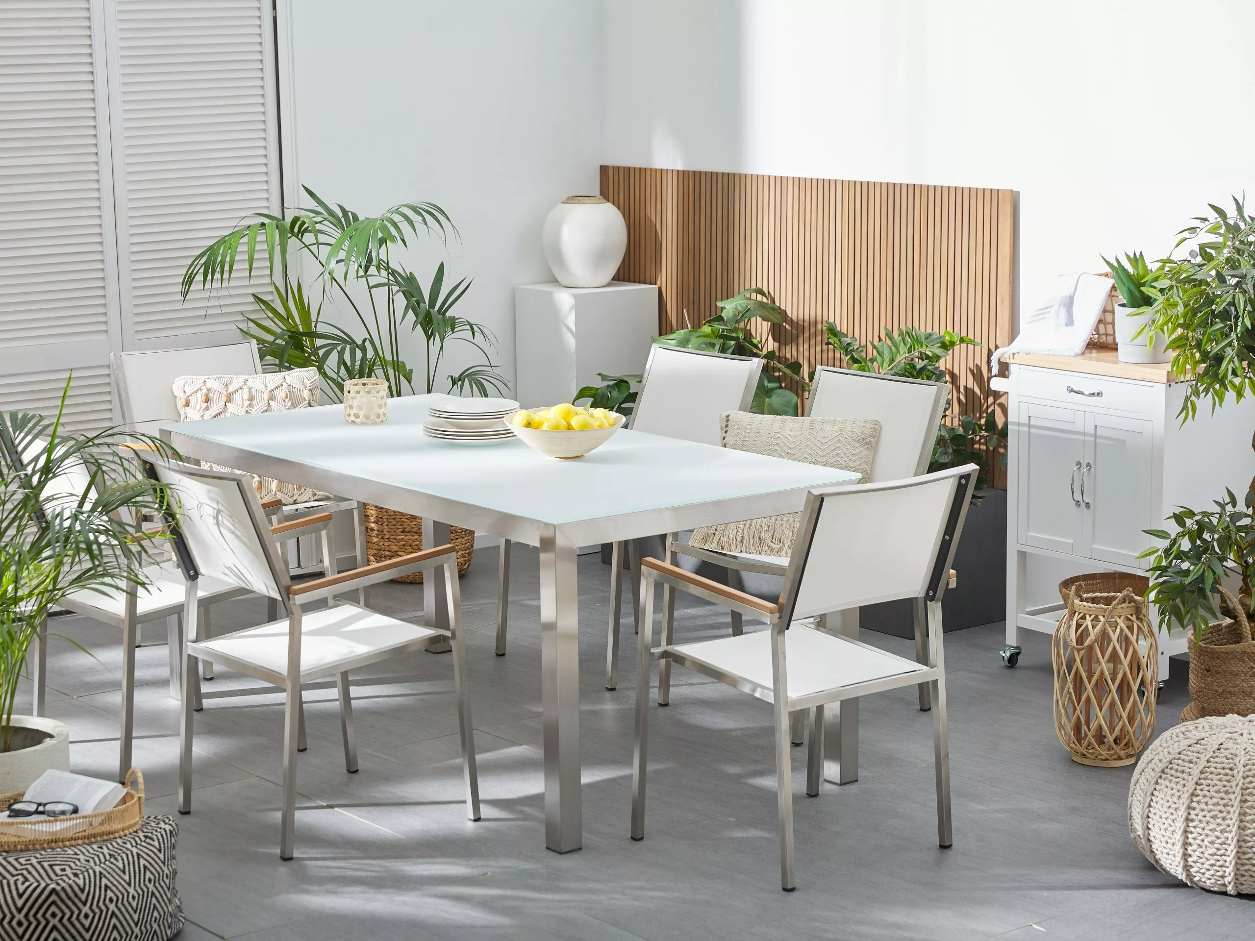 Beliani 6-istuttava Ulkoruokailuryhmä Lasitaso Tekstiilituolit Valkoinen GROSSETO - Image 2