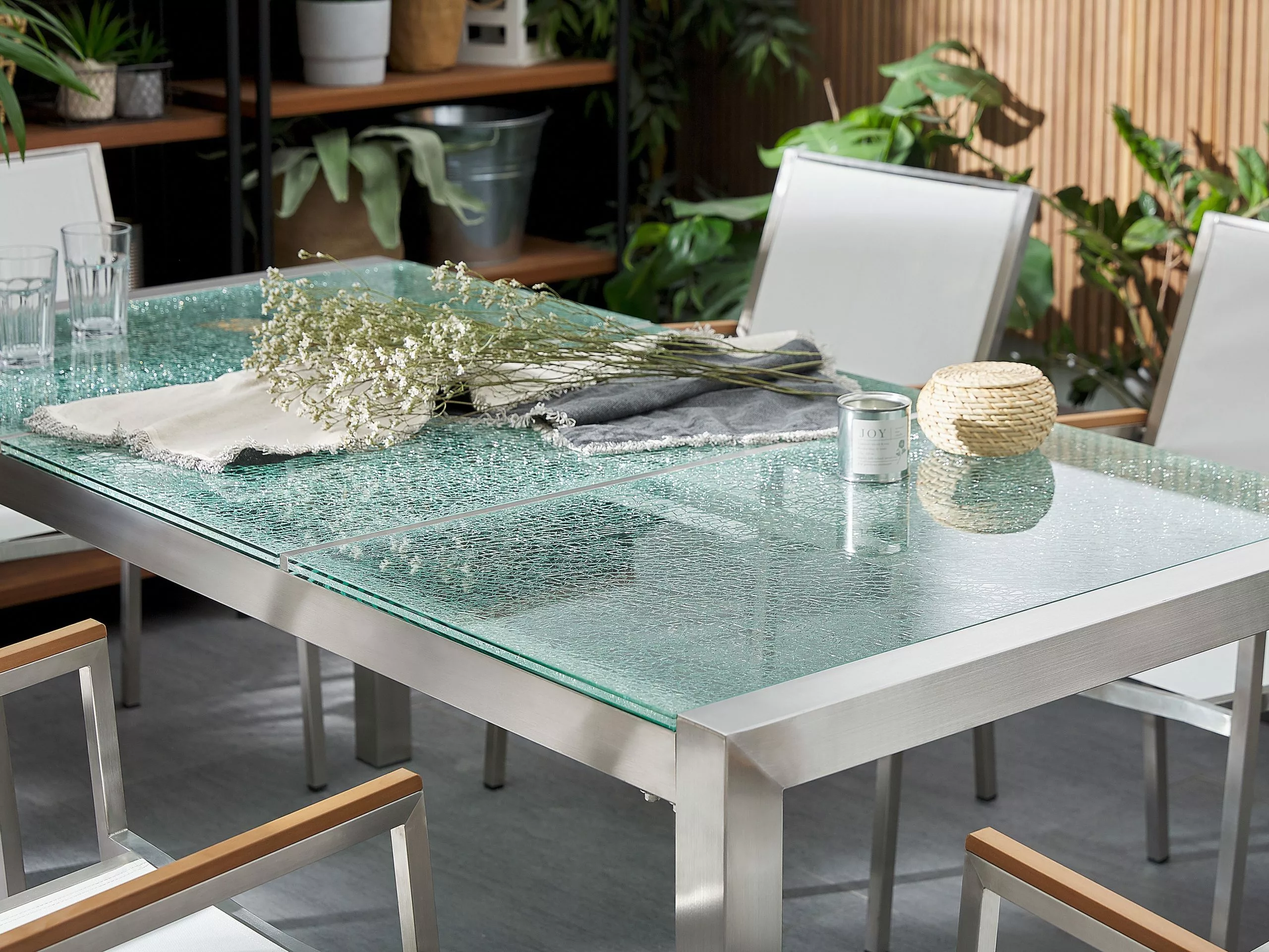 Beliani 6-istuttava Ulkoruokailuryhmä 3-osainen Lasitaso Tekstiilituolit Valkoinen GROSSETO - Image 3