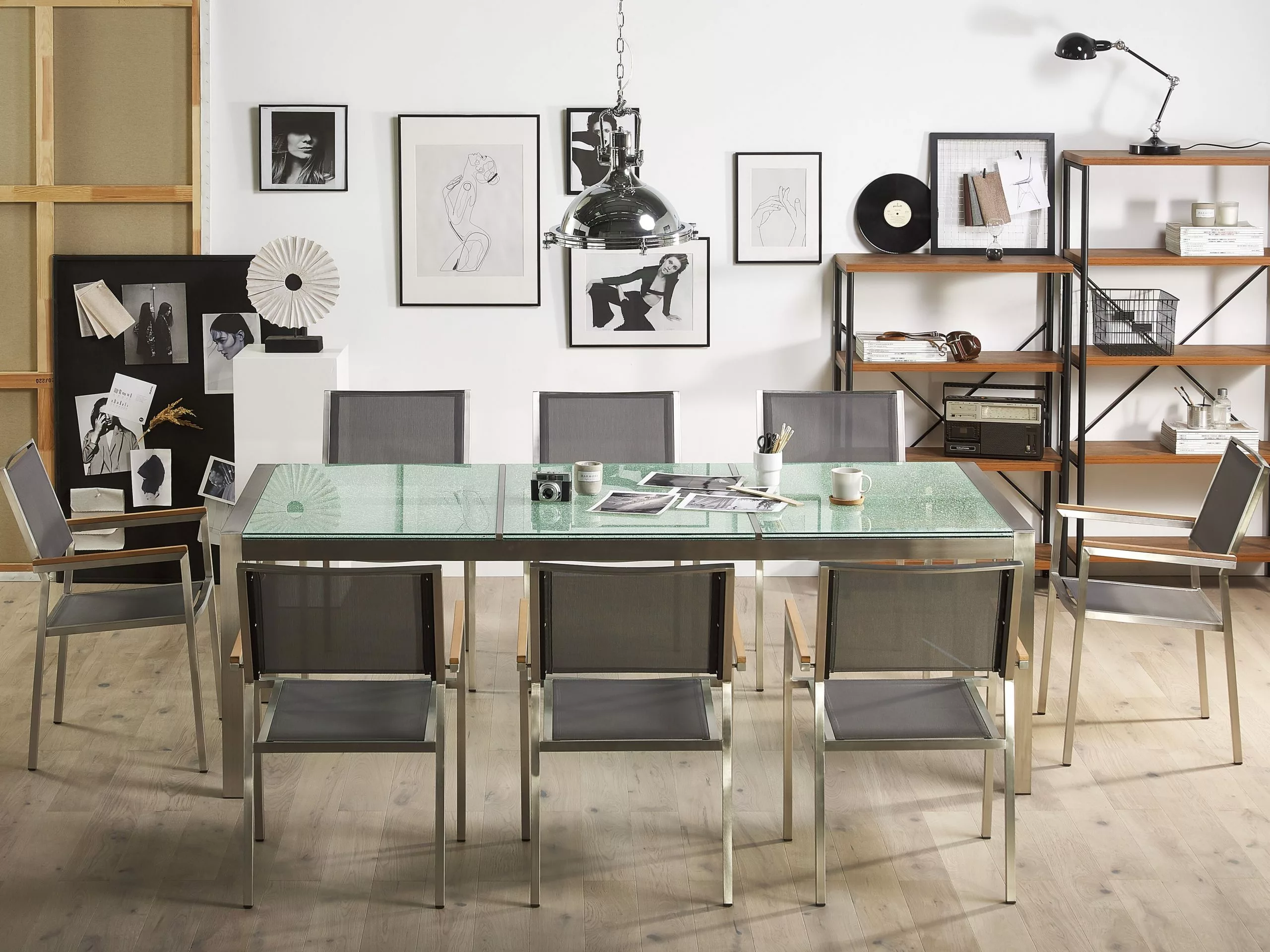 Beliani 8-istuttava Ulkoruokailuryhmä 3-osainen Lasitaso Tekstiilituolit Harmaa GROSSETO - Image 4