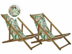 Beliani Vaalea Akaasiapuinen Aurinkotuoli Flamingokuvioisella Kankaalla 2 Kpl ANZIO