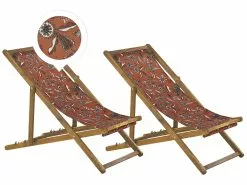 Beliani Vaalea Akaasiapuinen Aurinkotuoli Punaisella Kukkakuviokankaalla 2 Kpl ANZIO